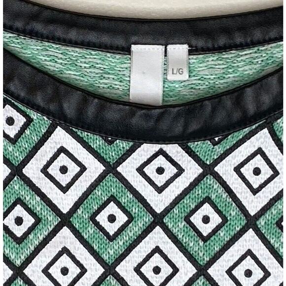 Si Iae Womens Diamond Print Crew Neck Sweater Faux Leather Trim Size Large - Picture 4 of 8